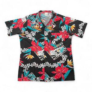 Vintage Shore Things Hawaiian Shirt Adult MEDIUM Black Floral Hibiscus USA 80s